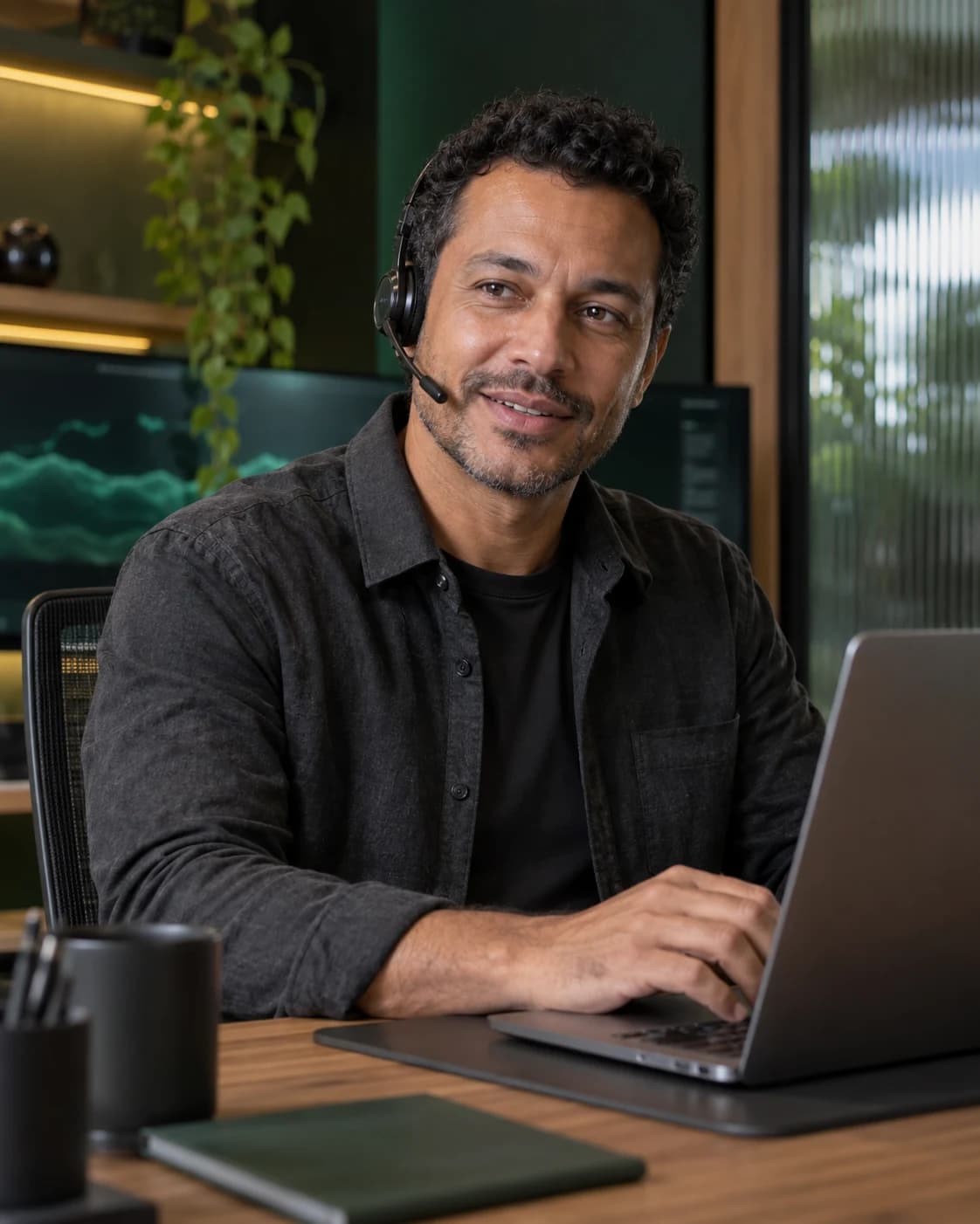 Profissional com headset e computador em um ambiente de atendimento digital, em fotografia ilustrativa; não identifica um integrante da equipe.