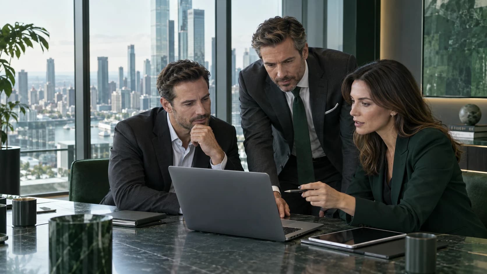 Dois empresários e uma consultora analisam uma carteira de investimentos em um escritório com vista para a cidade.
