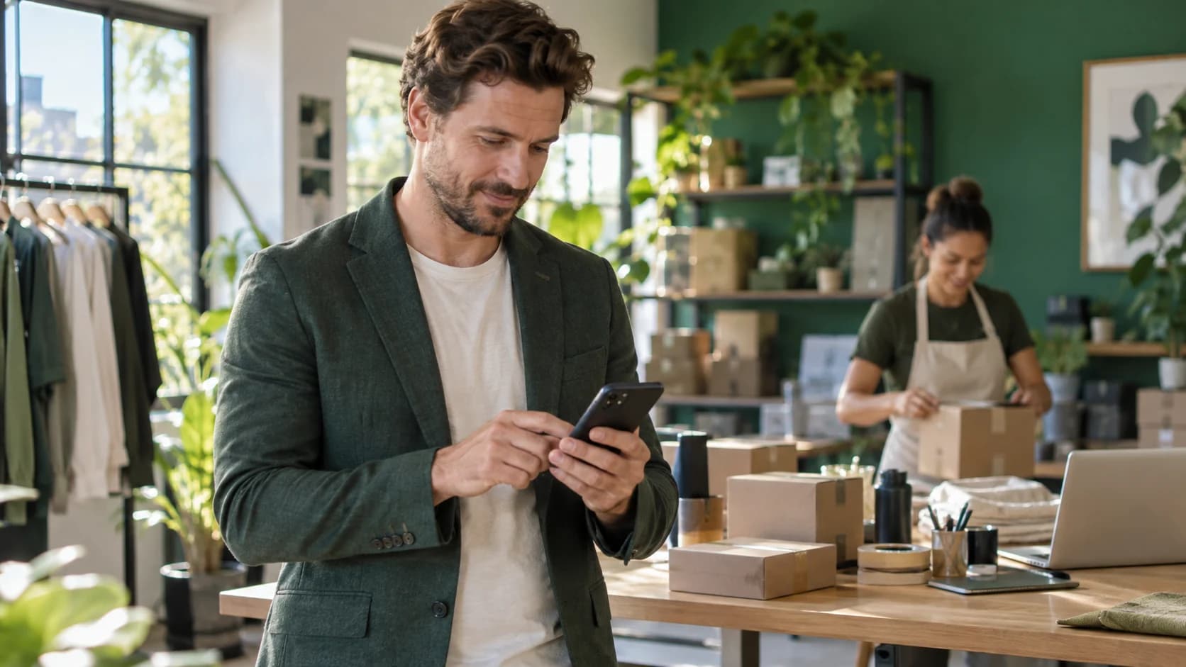 Empresário usando um celular enquanto uma colega prepara encomendas, em fotografia ilustrativa.