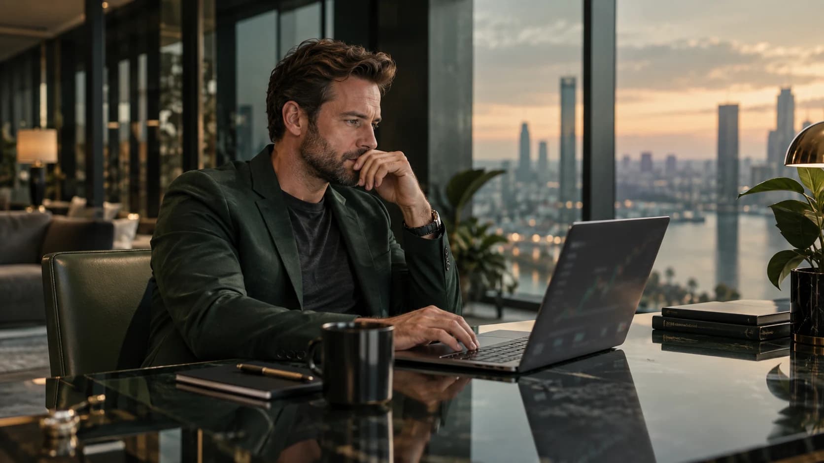 Empresário consultando o computador em um ambiente de negócios, em fotografia ilustrativa.