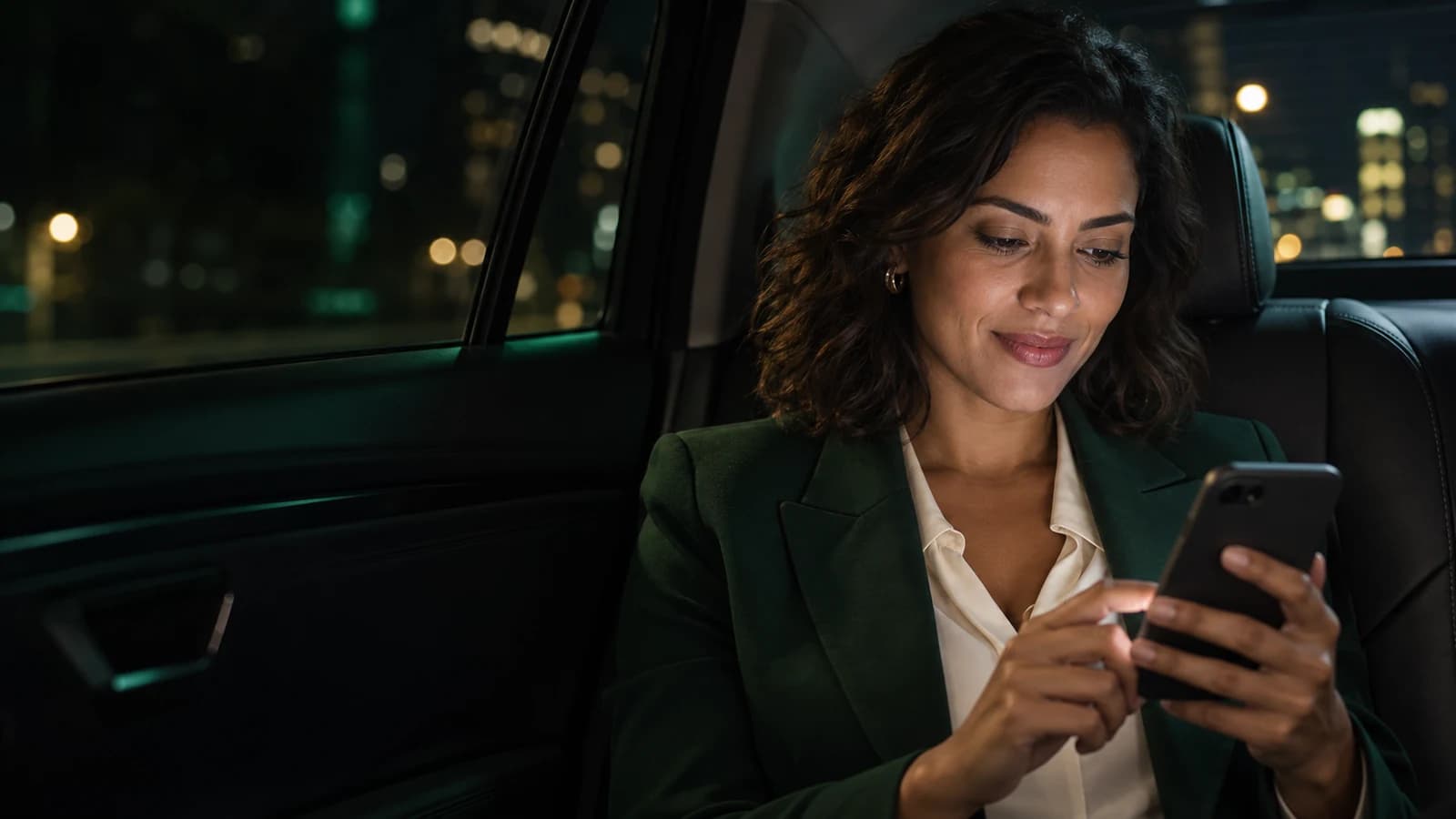 Executiva usando um smartphone no banco traseiro de um carro, em fotografia ilustrativa.