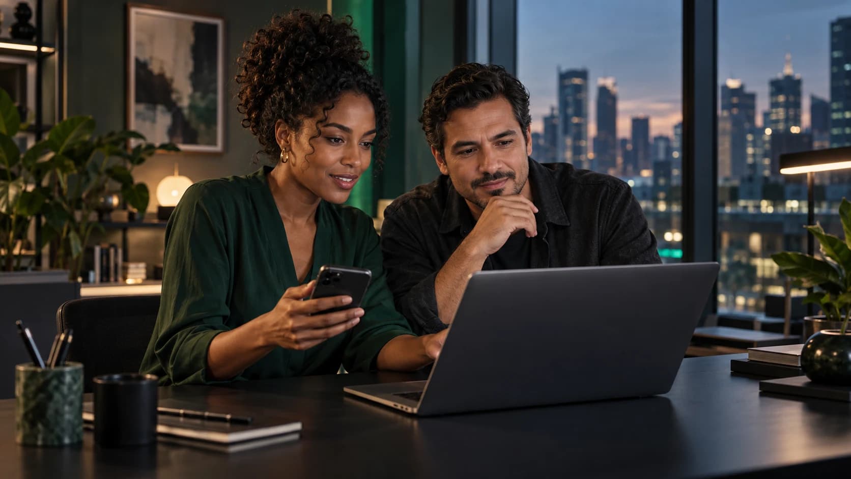 Dois profissionais usando computador e celular, em fotografia ilustrativa.